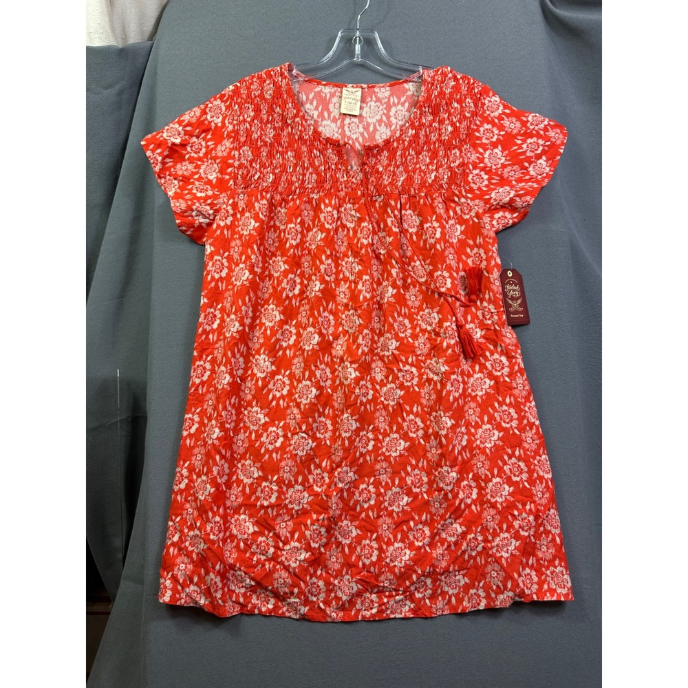 Faded Glory Women Red Floral Smocked Peasant Top Tassel Short Sleeve Large 12-14